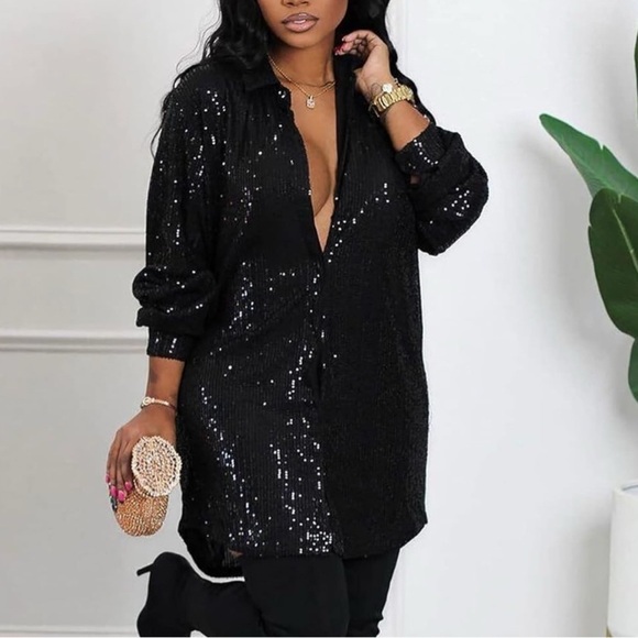 Sequin Button Down Shirt Dress with Long Sleeves NWOT - Picture 1 of 5